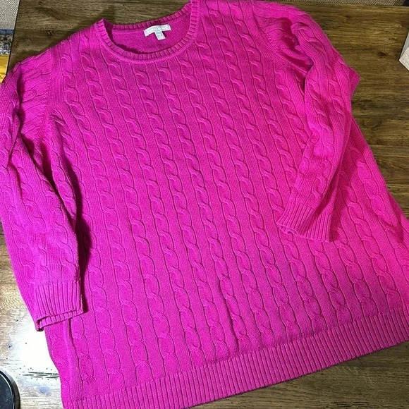 woman within WW pink cable knit long sleeve cotton pullover crewneck sweater 1X - Picture 2 of 6